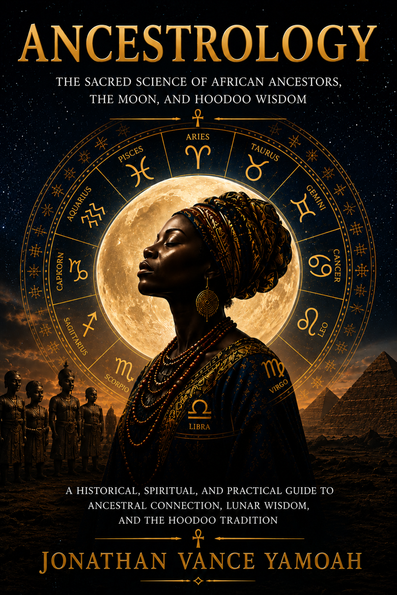 Cover of Ancestrology: The Sacred Science of African Ancestors, the Moon, and Hoodoo Wisdom by Jonathan Vance Yamoah