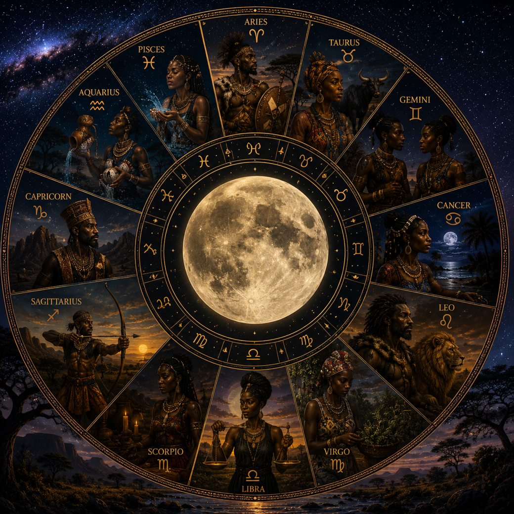 Illustrated zodiac wheel with African ancestral figures for each of the twelve signs, encircling a full moon